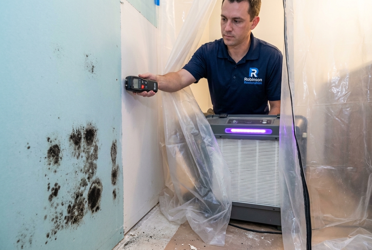 Robinson Restoration technician testing a wall for mold behind containment
