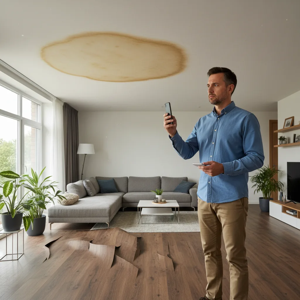 Homeowner reviewing a water damage insurance claim with an adjuster