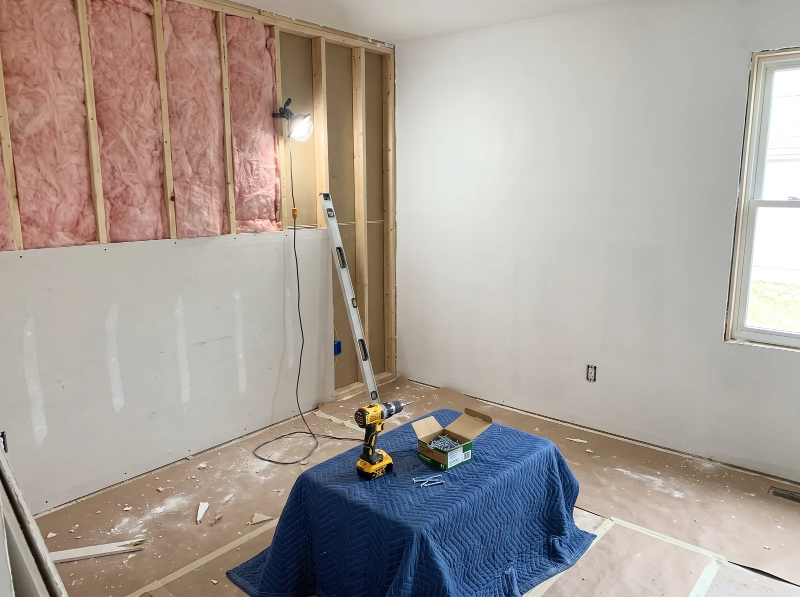 Bedroom mid-rebuild with new framing, insulation and drywall going back up after a water loss