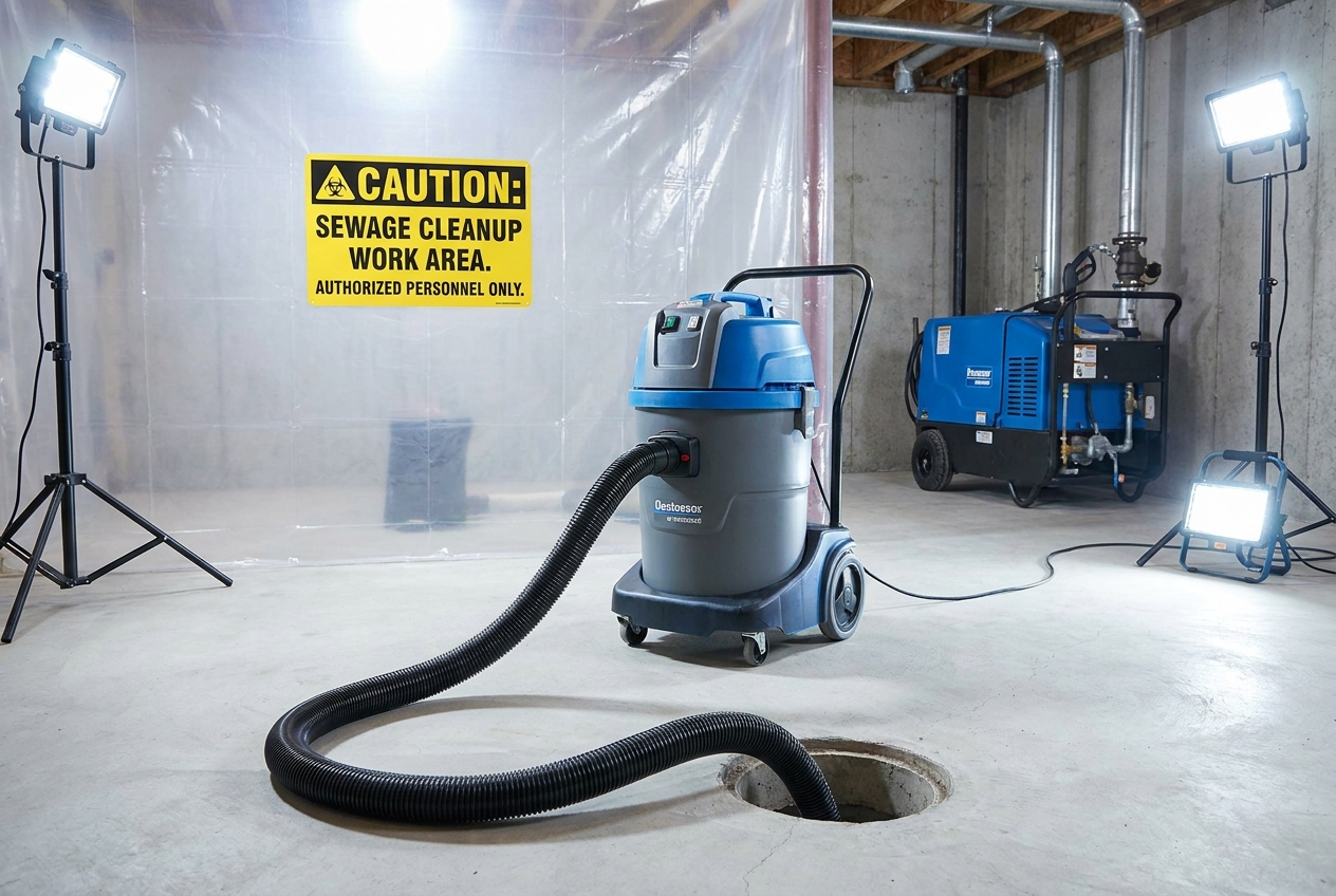 Sewage cleanup work area under containment