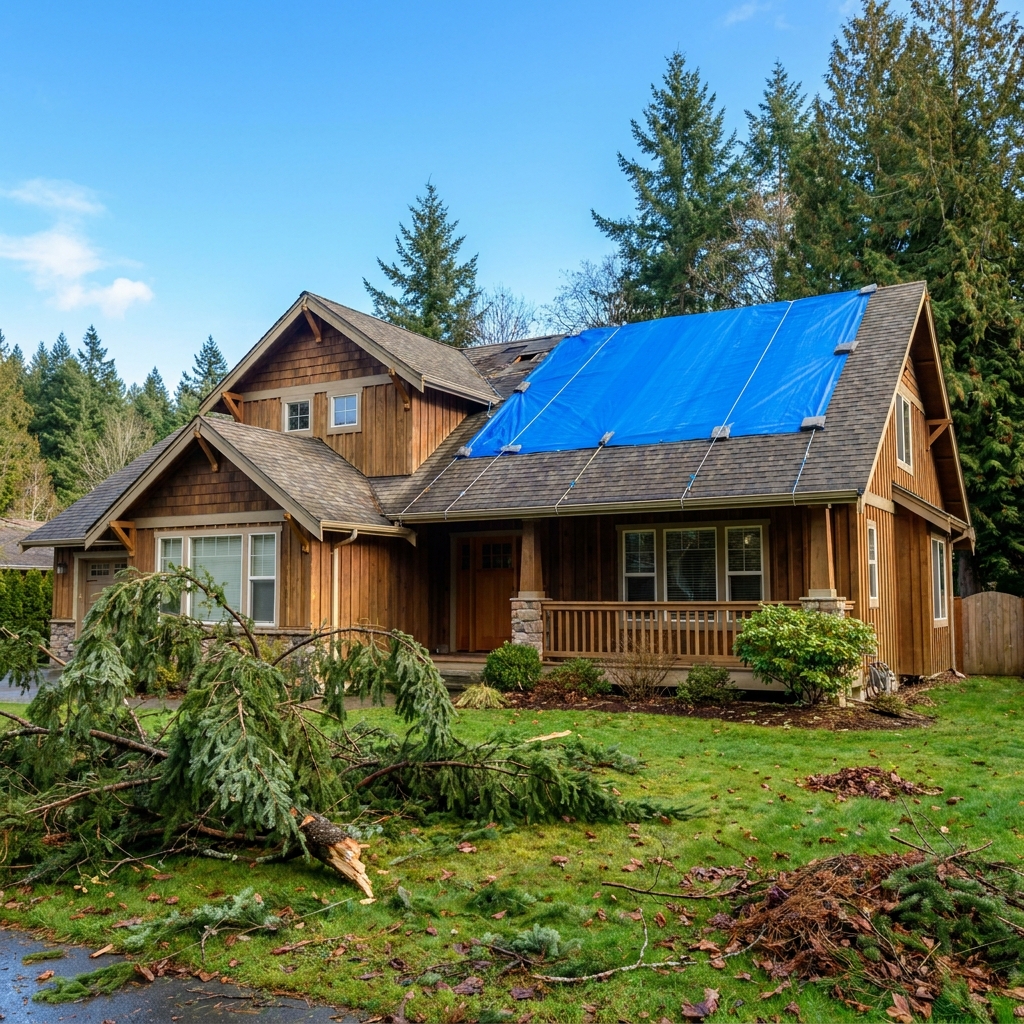 Storm-damaged home with an emergency roof tarp