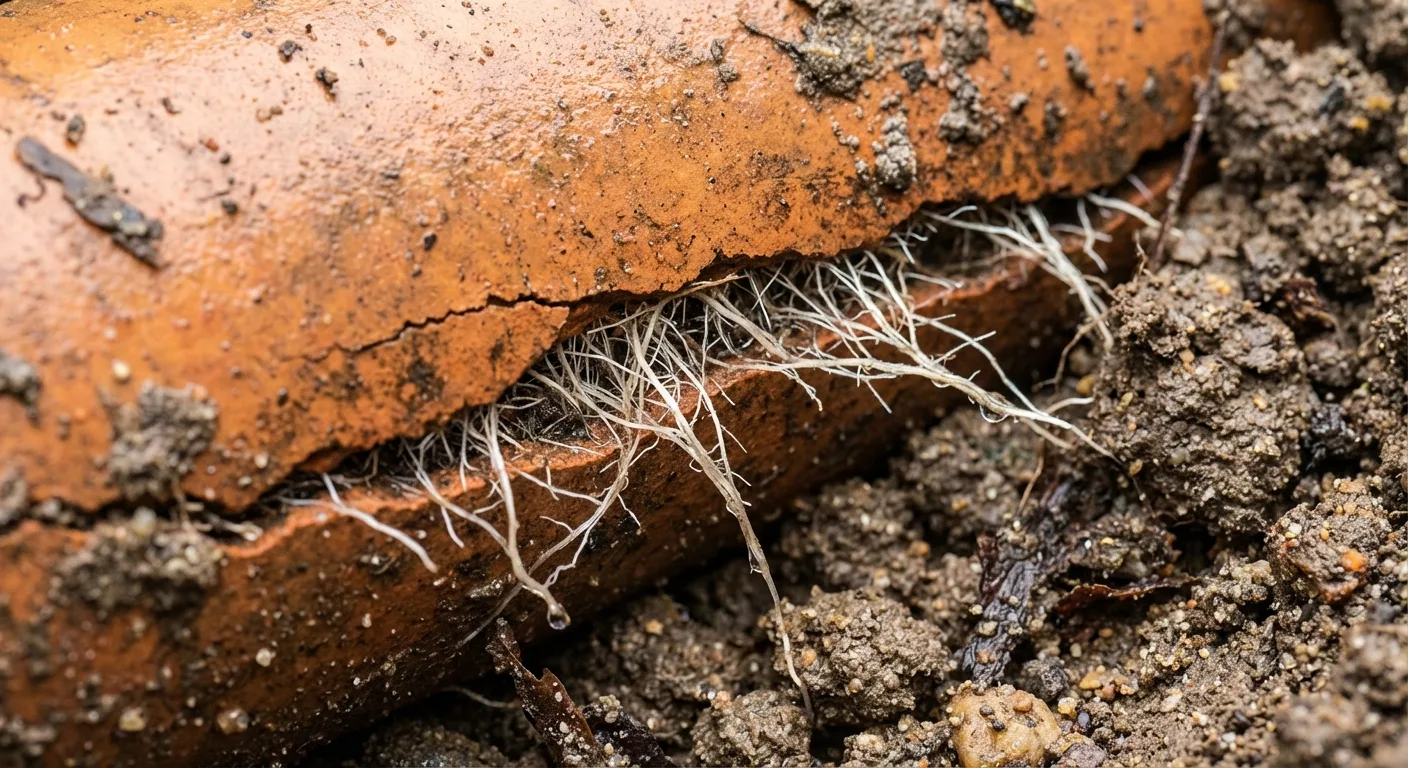 Tree roots intruding into an old residential sewer pipe